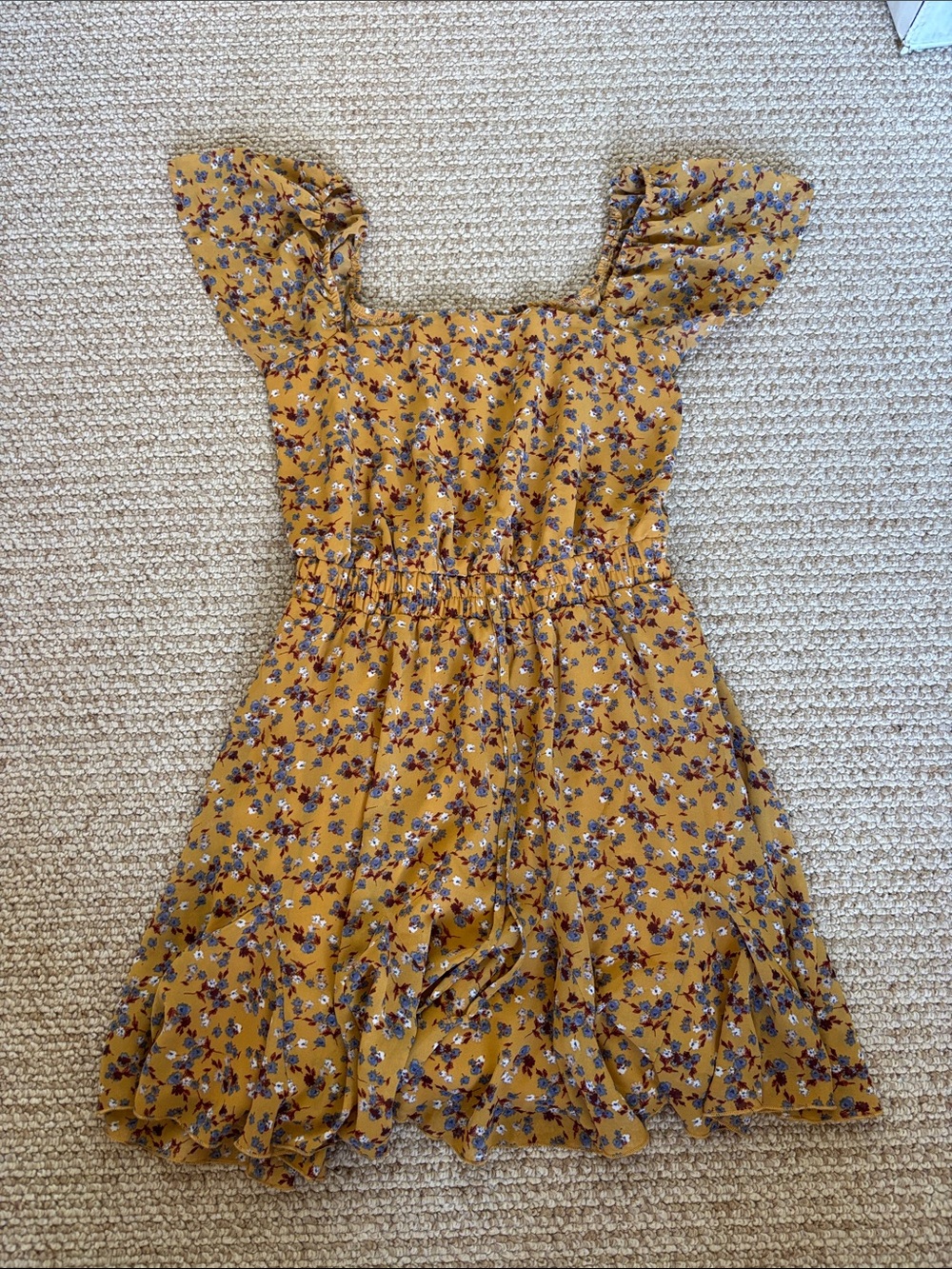 Blue Rain Mustard Floral Square-Neck Mini Dress with Flutter Sleeves